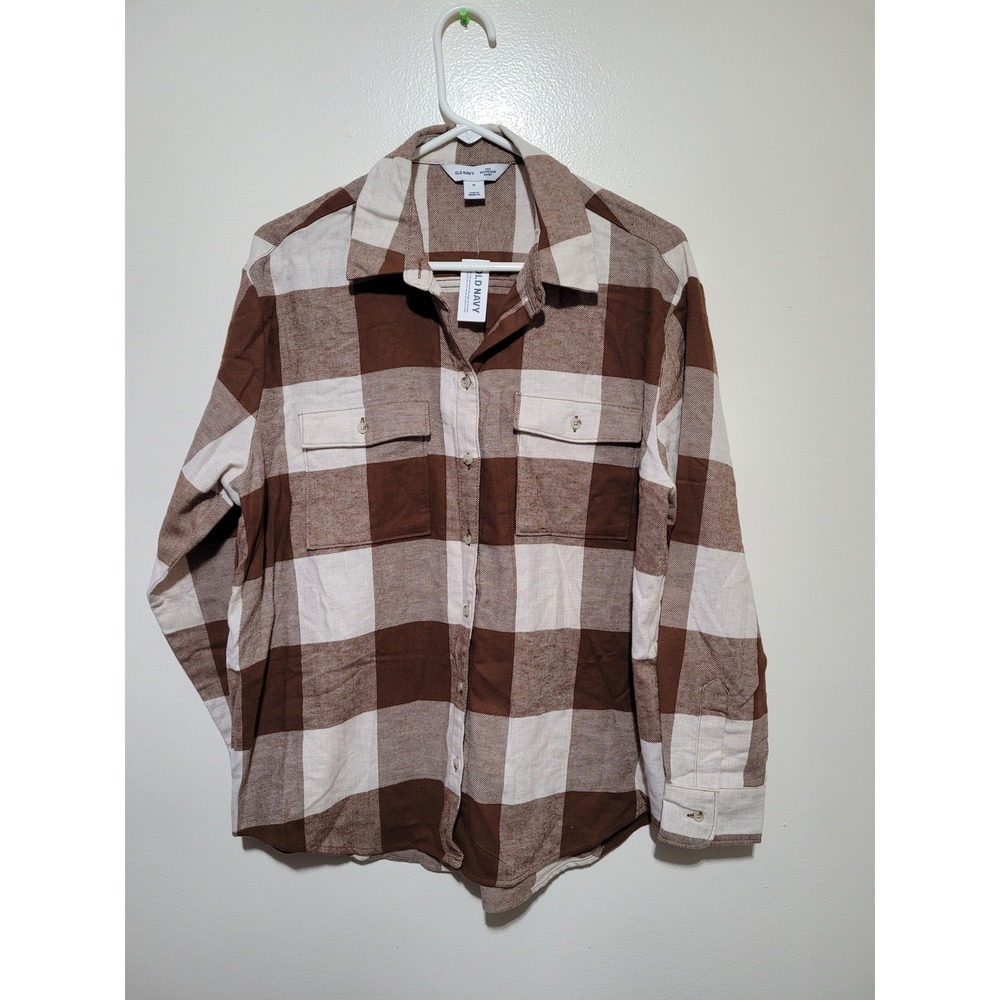 NWT Old Navy The‎ Boyfriend Shirt Womens Medium Brown Plaid  Cotton Button Down